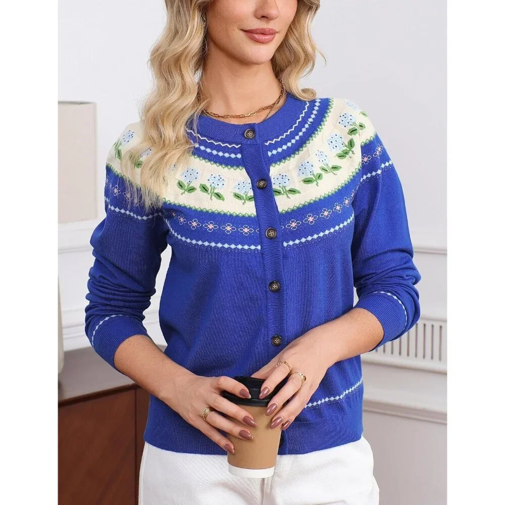 Women's Long Sleeve Knit Cardigan Floral Print Button Front Crew Neck